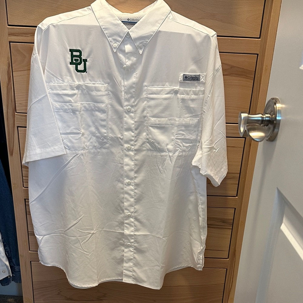 Columbia Men's White Short Sleeve Button Down Shirt with Baylor University Logo